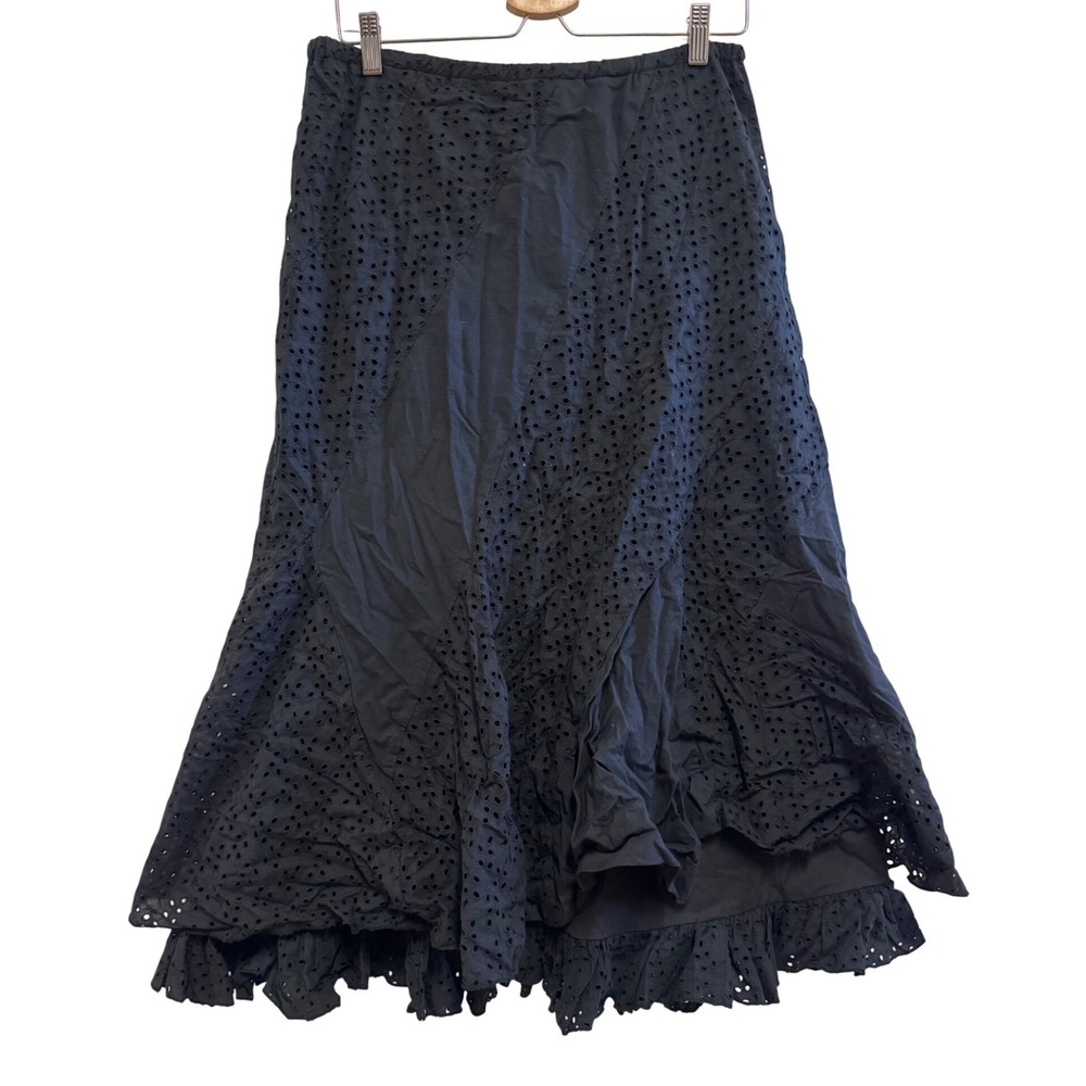La Cabana Black Eyelet Cotton Midi Skirt Ruffle Hem Boho Medium Vintage